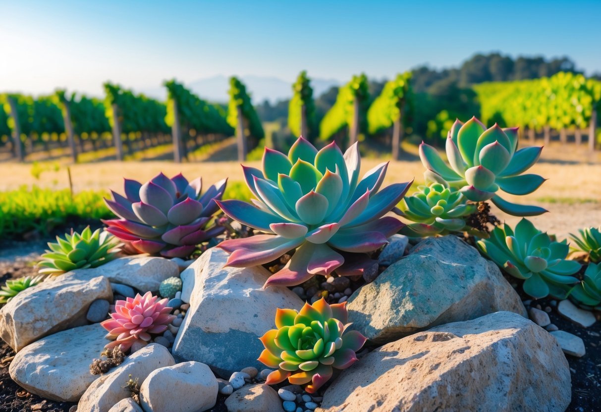 21+ Vineyard Garden Ideas to Transform Your US Backyard This Summer 17 A rock garden with various colorful succulent plants near rows of grapevines under a clear sky.