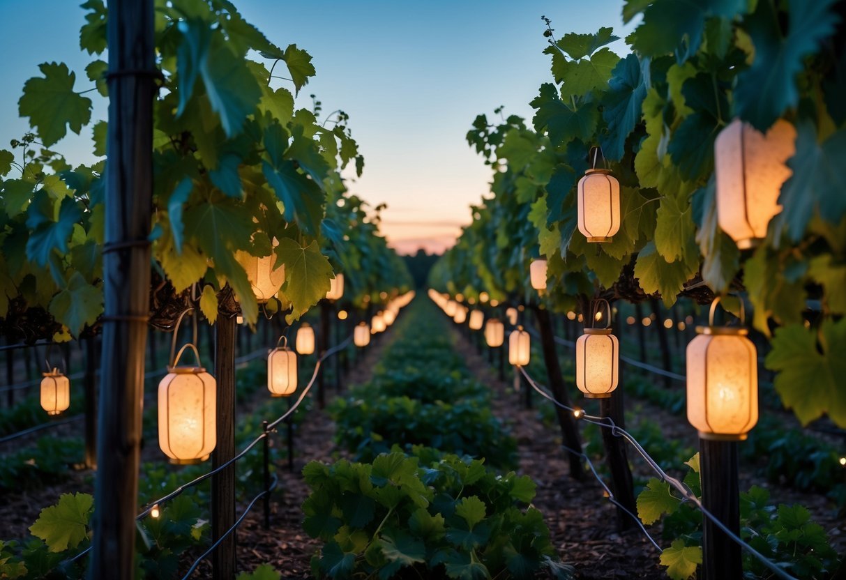 21+ Vineyard Garden Ideas to Transform Your US Backyard This Summer 19 Hanging lanterns glowing softly among green grapevines in a vineyard garden at dusk.