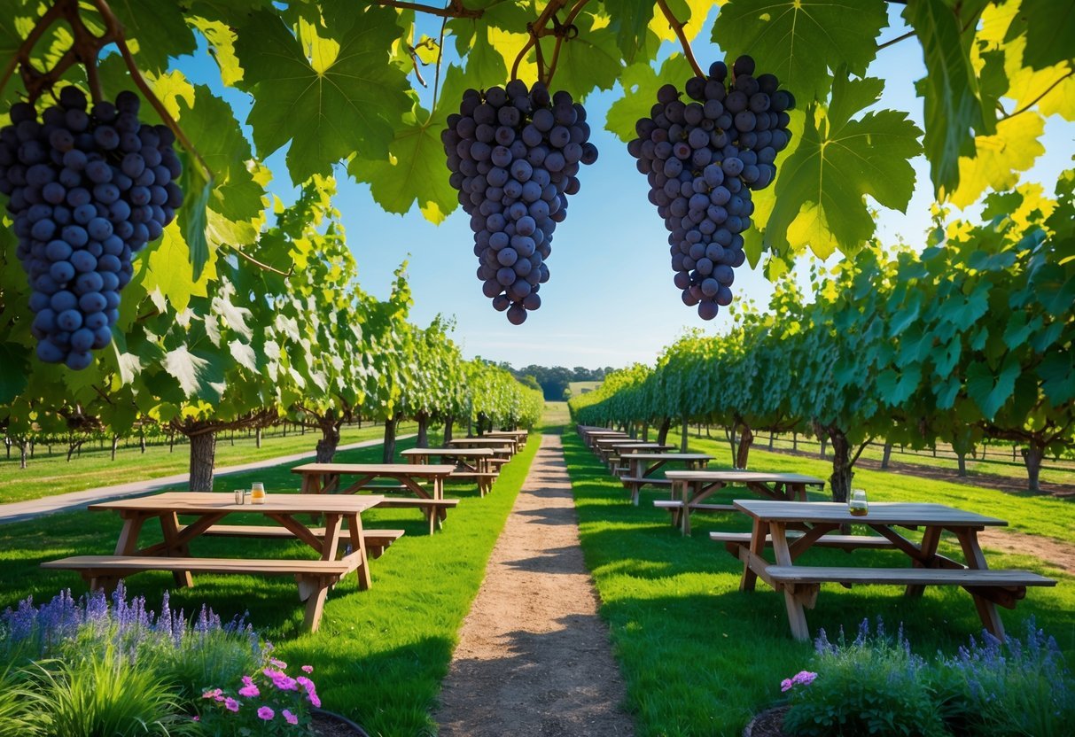 21+ Vineyard Garden Ideas to Transform Your US Backyard This Summer 20 Picnic tables under grapevines with ripe grapes hanging, surrounded by grass and garden paths in a vineyard.