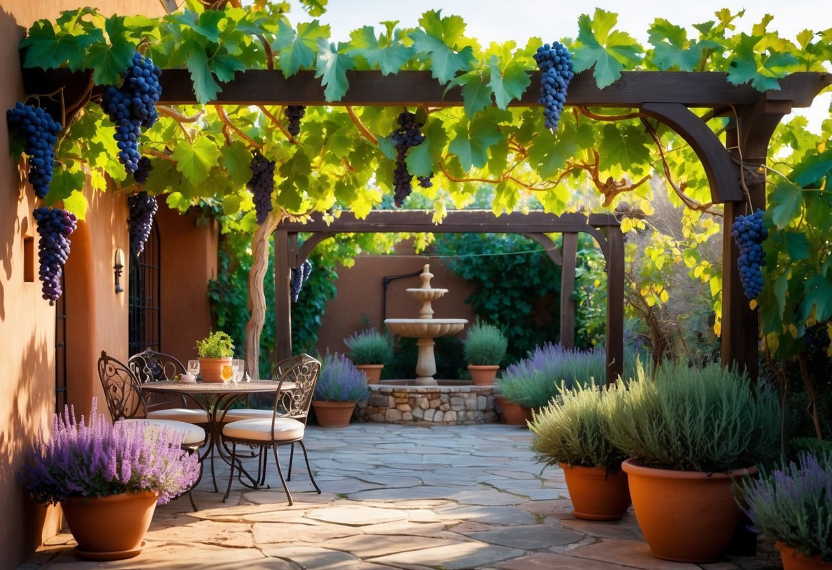 21+ Vineyard Garden Ideas to Transform Your US Backyard This Summer 21 A sunlit courtyard with stone paving, grapevines growing on walls, outdoor table and chairs under a pergola, potted plants, and a stone fountain.