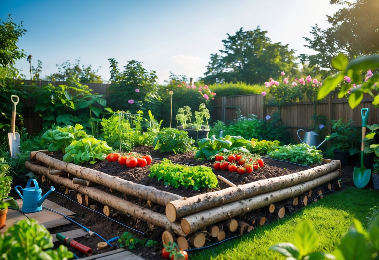 29+ Hugelkultur Garden Ideas for Sustainable Growing in US Backyards 2 A raised garden bed made from logs and soil with various vegetables and herbs growing, surrounded by grass and plants under a clear sky.