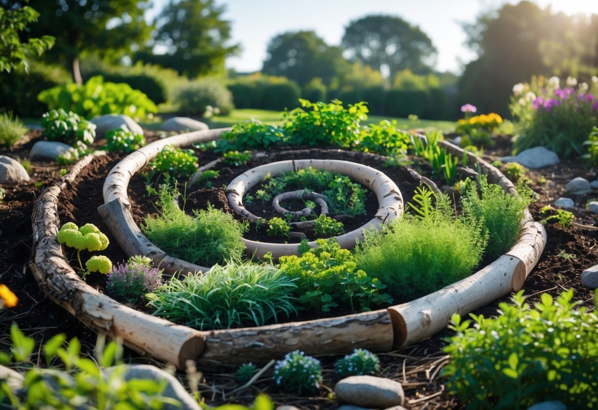 29+ Hugelkultur Garden Ideas for Sustainable Growing in US Backyards 3 A spiral hugelkultur garden bed made of logs and soil with various plants growing on it in a lush garden.