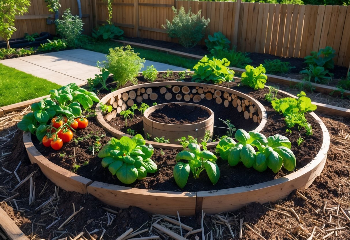 29+ Hugelkultur Garden Ideas for Sustainable Growing in US Backyards 4 A circular raised garden bed with a central compost basket, surrounded by vegetables and herbs growing in a sunny backyard.