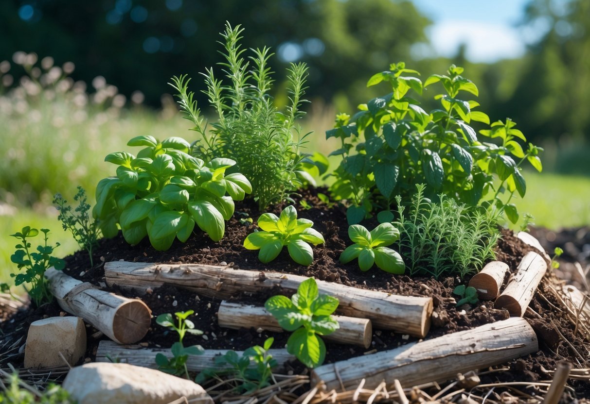 29+ Hugelkultur Garden Ideas for Sustainable Growing in US Backyards 6 A raised hugelkultur garden bed filled with thriving herbs like rosemary, thyme, basil, and mint under a clear sky.
