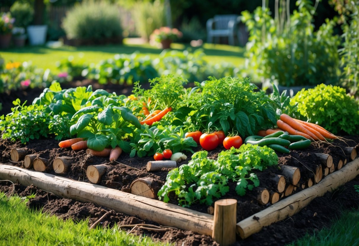 29+ Hugelkultur Garden Ideas for Sustainable Growing in US Backyards 7 A raised vegetable garden bed made with logs and soil, filled with growing vegetables and green plants in a sunny backyard.