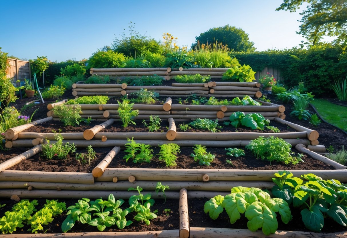 29+ Hugelkultur Garden Ideas for Sustainable Growing in US Backyards 9 A tiered hugelkultur garden with raised beds made of logs and soil, filled with various green plants and flowers under a clear sky.