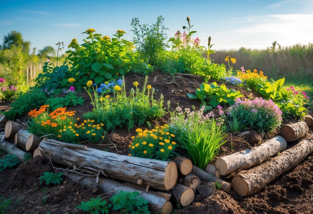 29+ Hugelkultur Garden Ideas for Sustainable Growing in US Backyards 10 A raised garden bed made from logs and soil with colorful flowers growing on a flower mound under a clear blue sky.