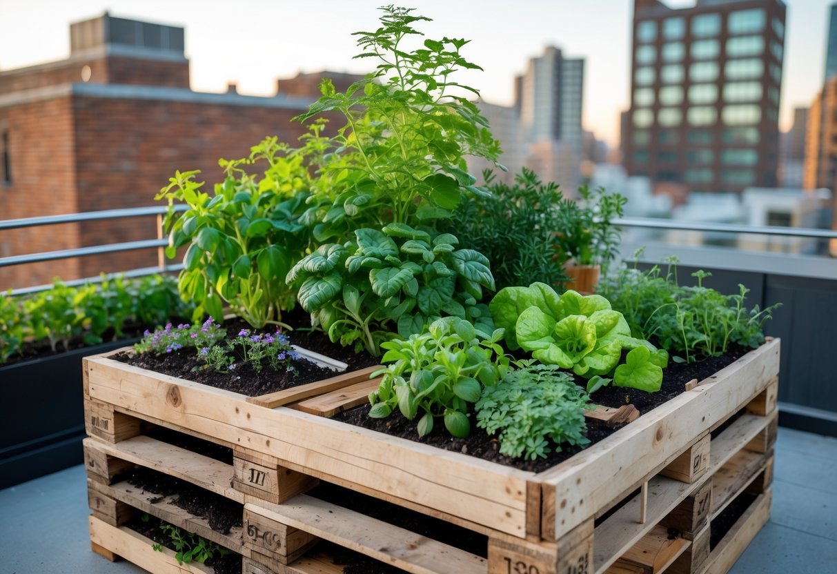 29+ Hugelkultur Garden Ideas for Sustainable Growing in US Backyards 11 An urban garden with a wooden pallet hugelkultur planter filled with green plants on a rooftop surrounded by city buildings.