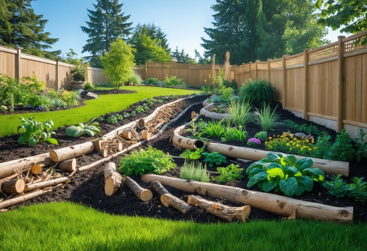 29+ Hugelkultur Garden Ideas for Sustainable Growing in US Backyards 13 A backyard garden with a sloping hugelkultur swale filled with logs and plants, surrounded by grass, trees, and a wooden fence under a clear sky.