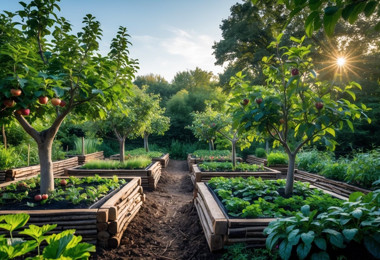 29+ Hugelkultur Garden Ideas for Sustainable Growing in US Backyards 14 A raised hugelkultur garden bed with healthy fruit trees and green plants growing in a natural outdoor setting.