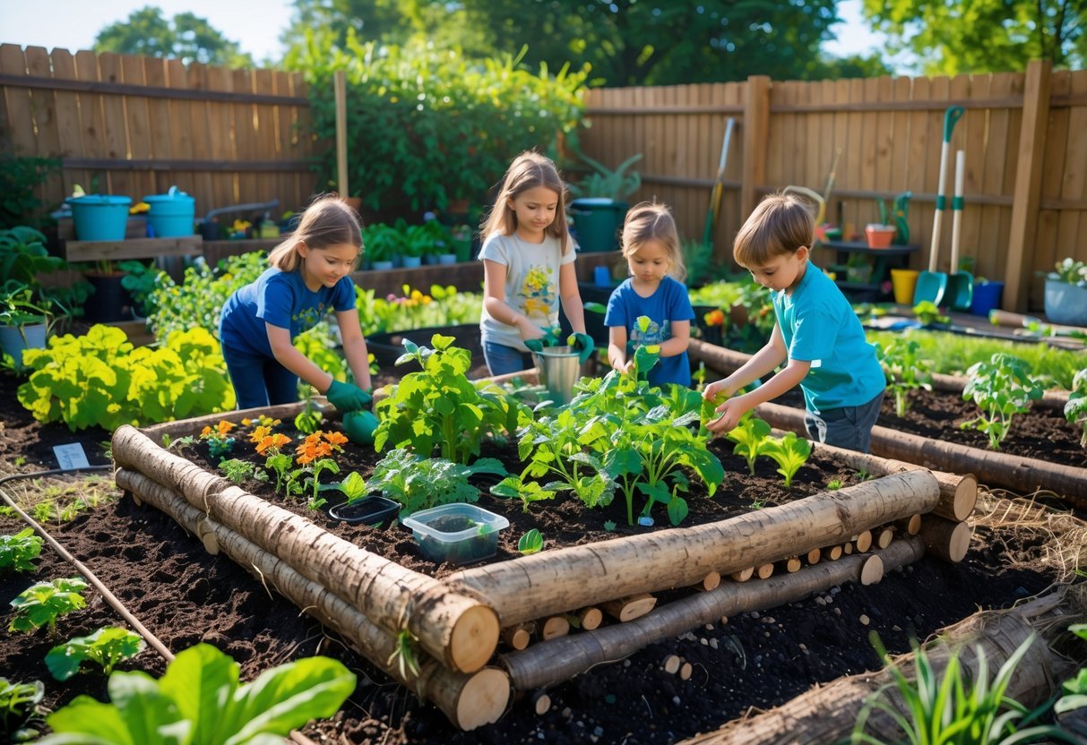 29+ Hugelkultur Garden Ideas for Sustainable Growing in US Backyards 15 Children working and learning around a raised hugelkultur garden bed with plants and logs in a sunny garden.