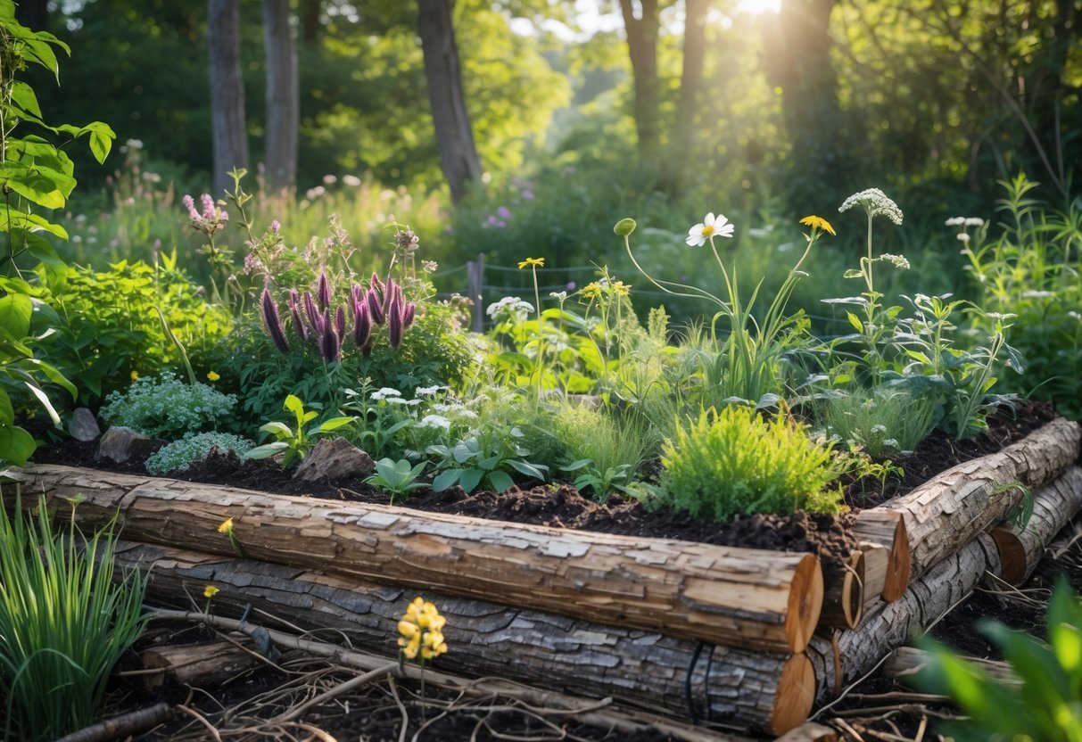 29+ Hugelkultur Garden Ideas for Sustainable Growing in US Backyards 16 A raised garden bed made from logs and soil with diverse plants and wildlife like bees, butterflies, and birds in a natural outdoor setting.