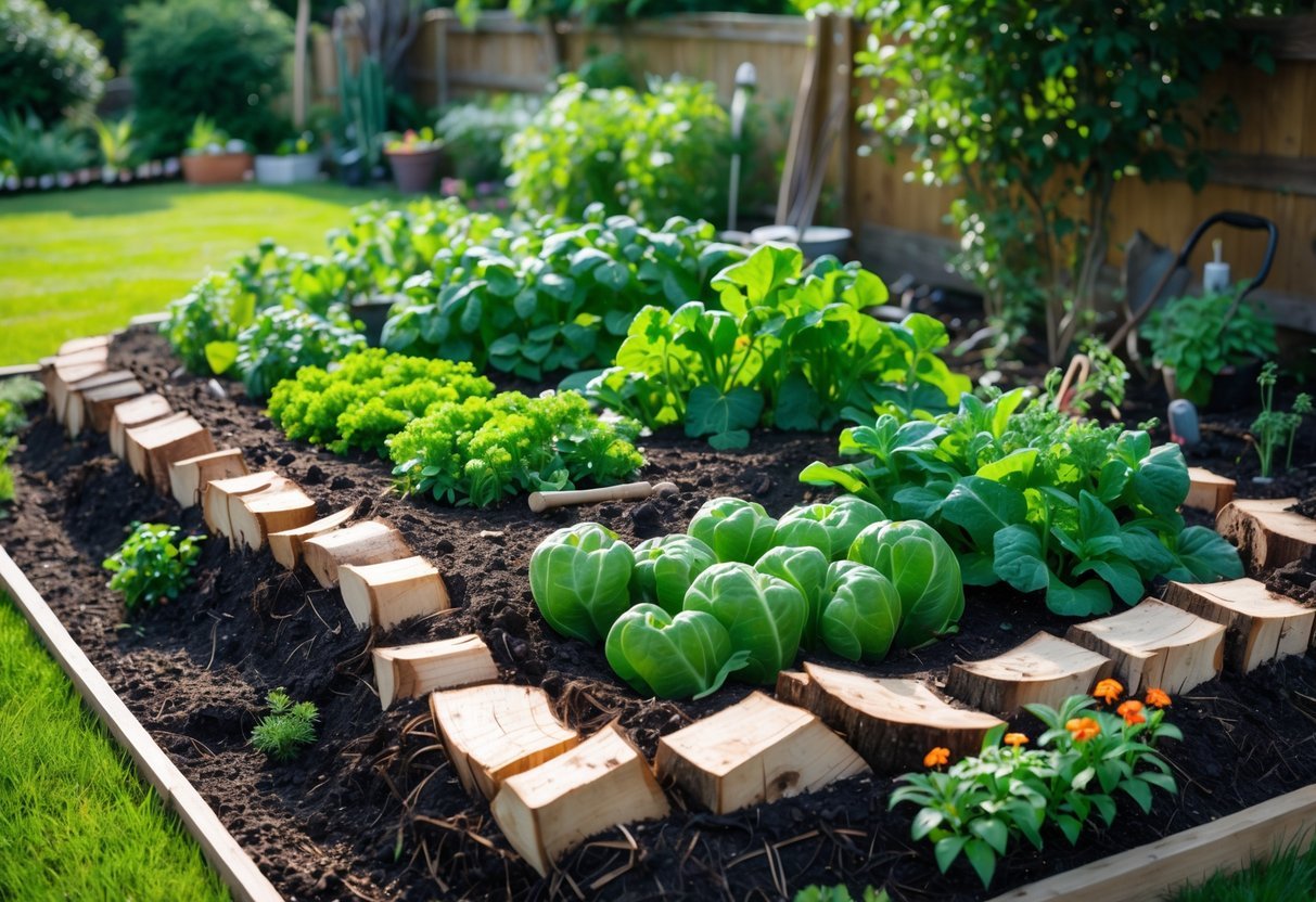 29+ Hugelkultur Garden Ideas for Sustainable Growing in US Backyards 17 A raised garden bed made from decomposing wood and organic materials with green plants growing in a backyard garden.