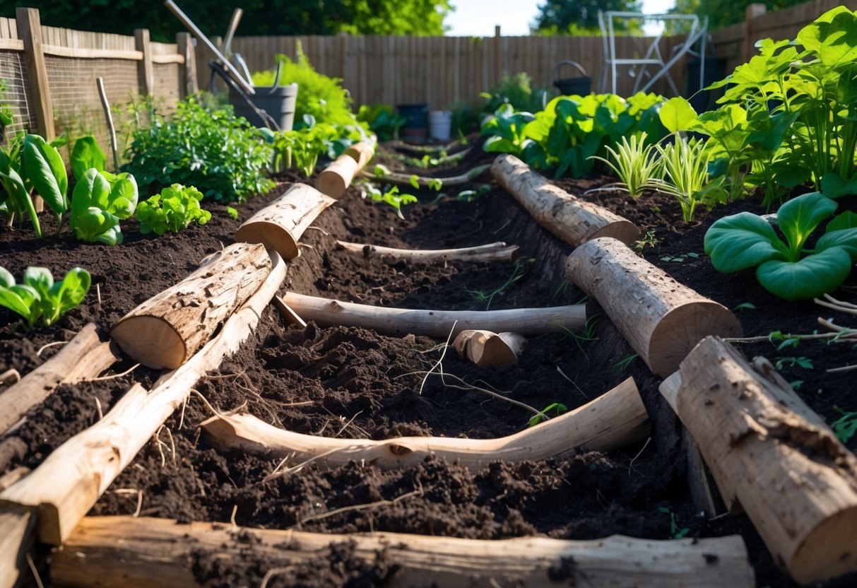 29+ Hugelkultur Garden Ideas for Sustainable Growing in US Backyards 18 An in-ground hugelkultur trench garden with layers of wood and soil, surrounded by growing plants and vegetables.