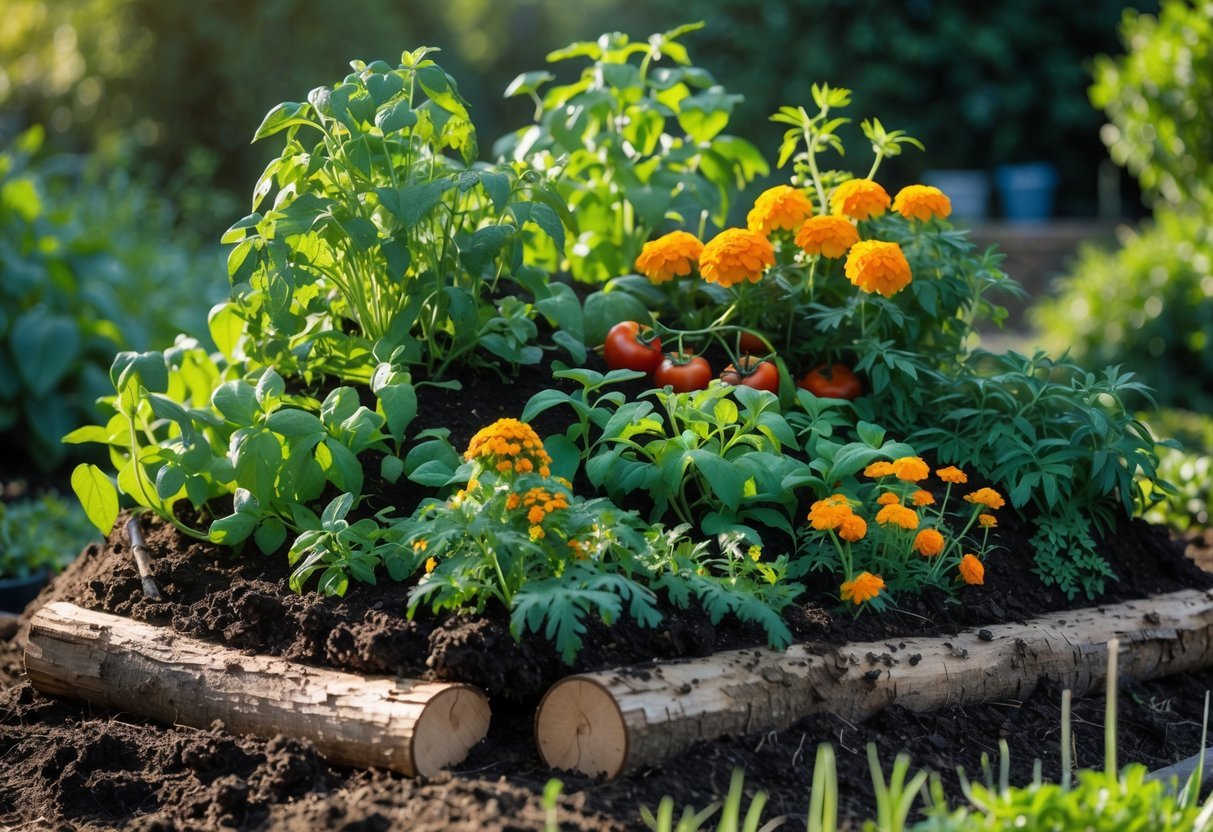 29+ Hugelkultur Garden Ideas for Sustainable Growing in US Backyards 19 A raised garden bed made of wood and soil with various companion plants growing closely together in a lush garden.