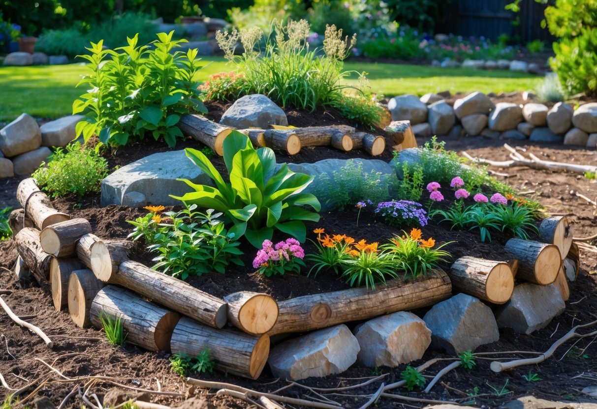 29+ Hugelkultur Garden Ideas for Sustainable Growing in US Backyards 20 A raised garden bed made of logs and rocks with green plants and colorful flowers growing on it under a clear sky.