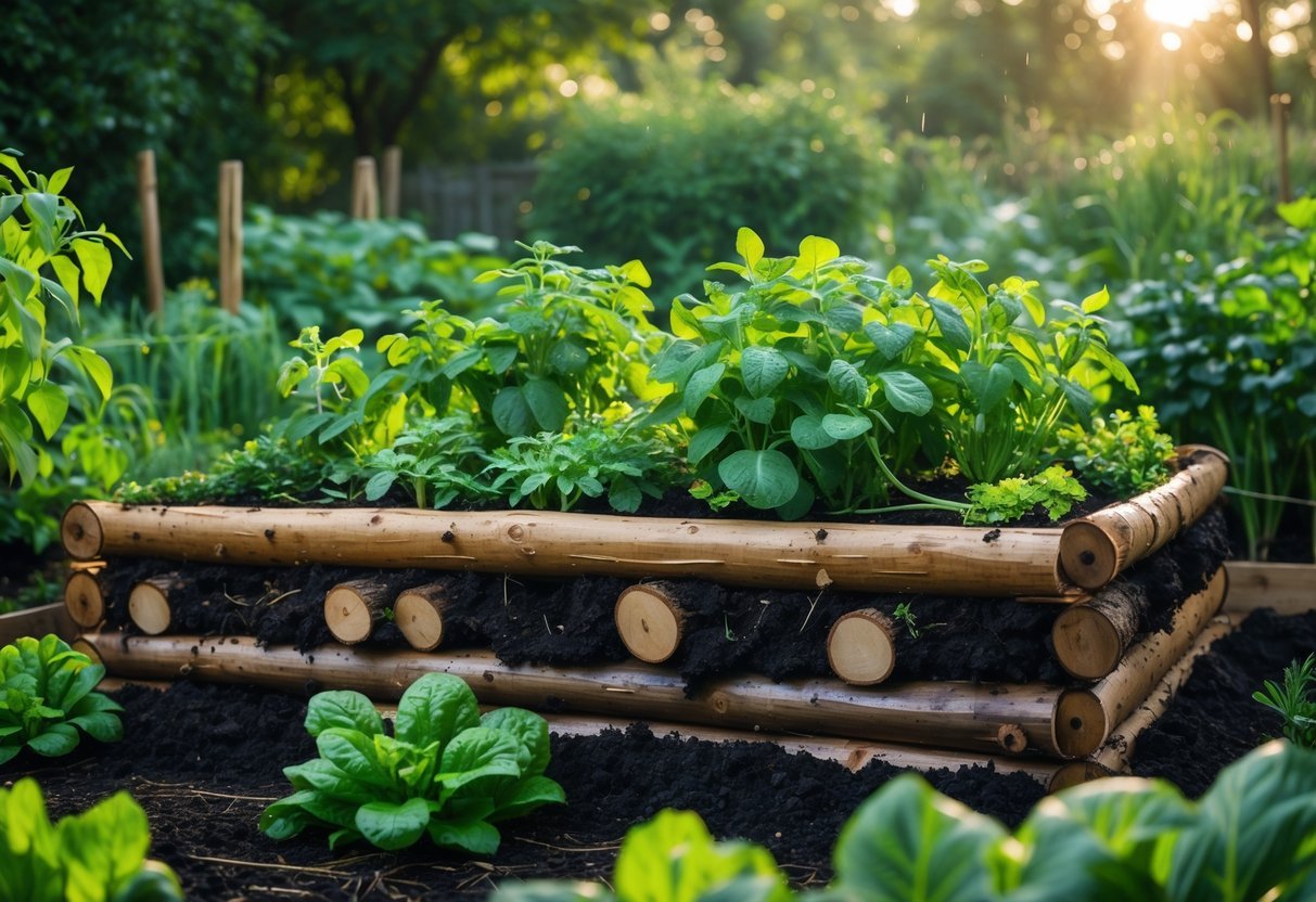 29+ Hugelkultur Garden Ideas for Sustainable Growing in US Backyards 21 Raised garden bed made of logs and soil with green plants growing, surrounded by a natural garden environment.