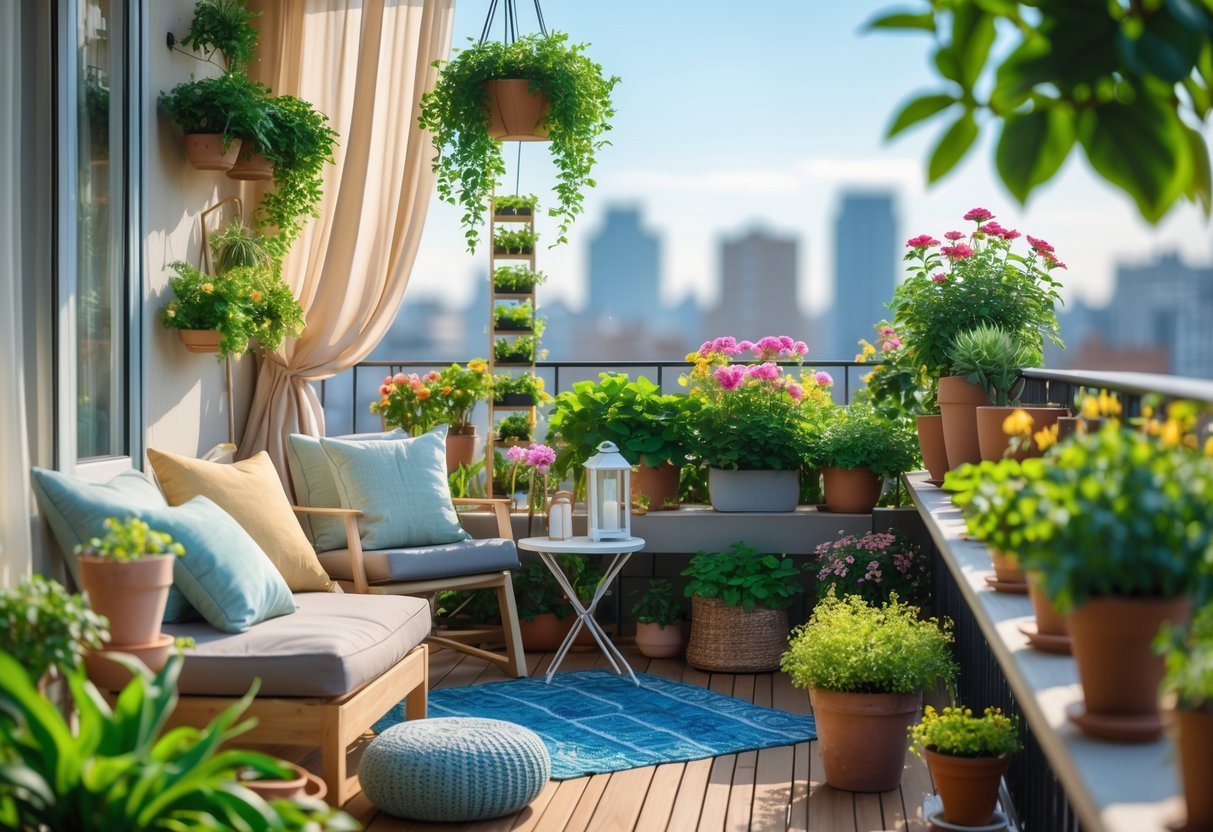 28+ Balcony Garden Ideas: Practical Tips for Small Urban Spaces 2 A balcony garden with green plants, colorful flowers, seating area, and cityscape in the background.