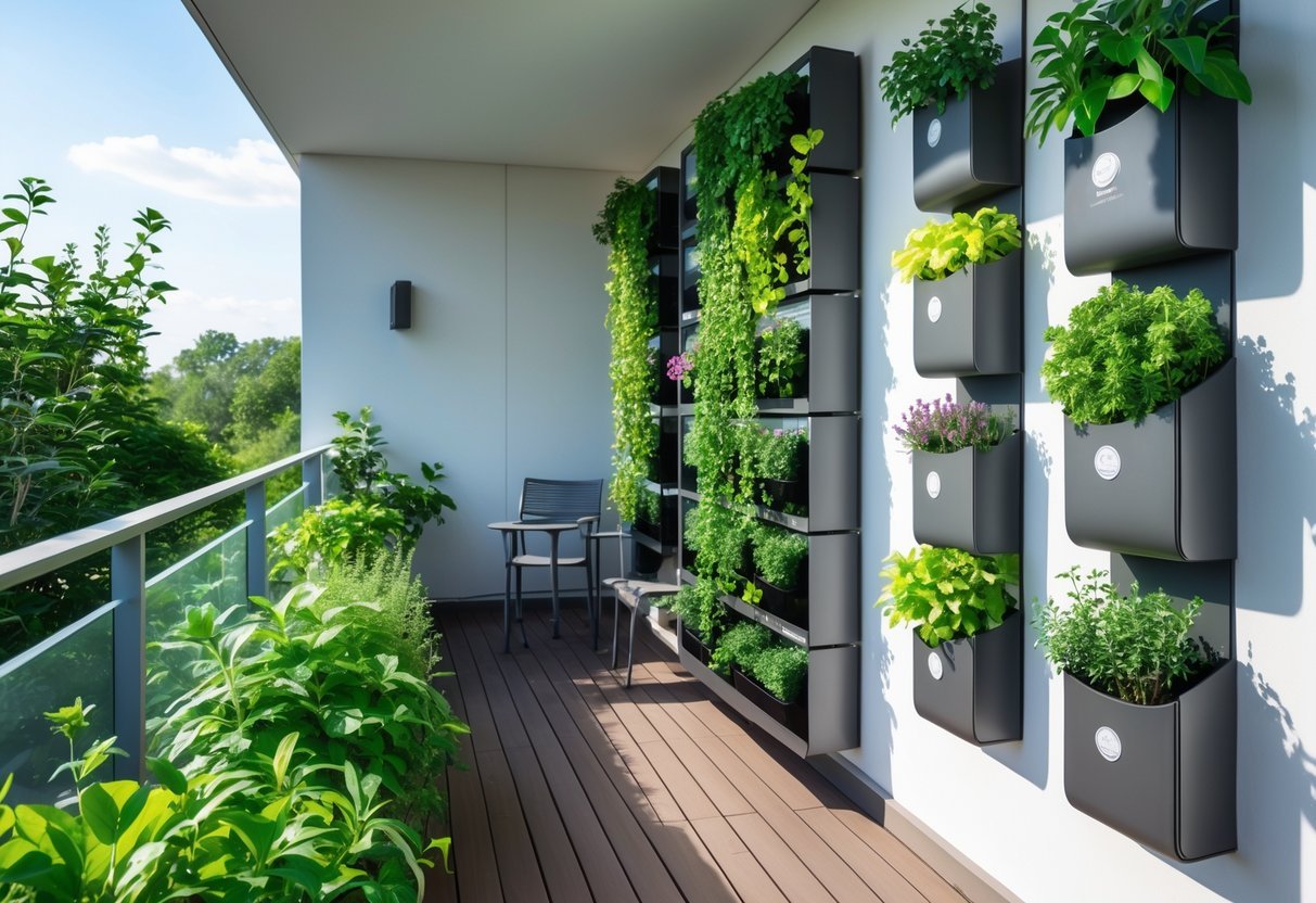 28+ Balcony Garden Ideas: Practical Tips for Small Urban Spaces 3 A balcony with vertical wall planters filled with green plants and flowers, creating a small garden space.