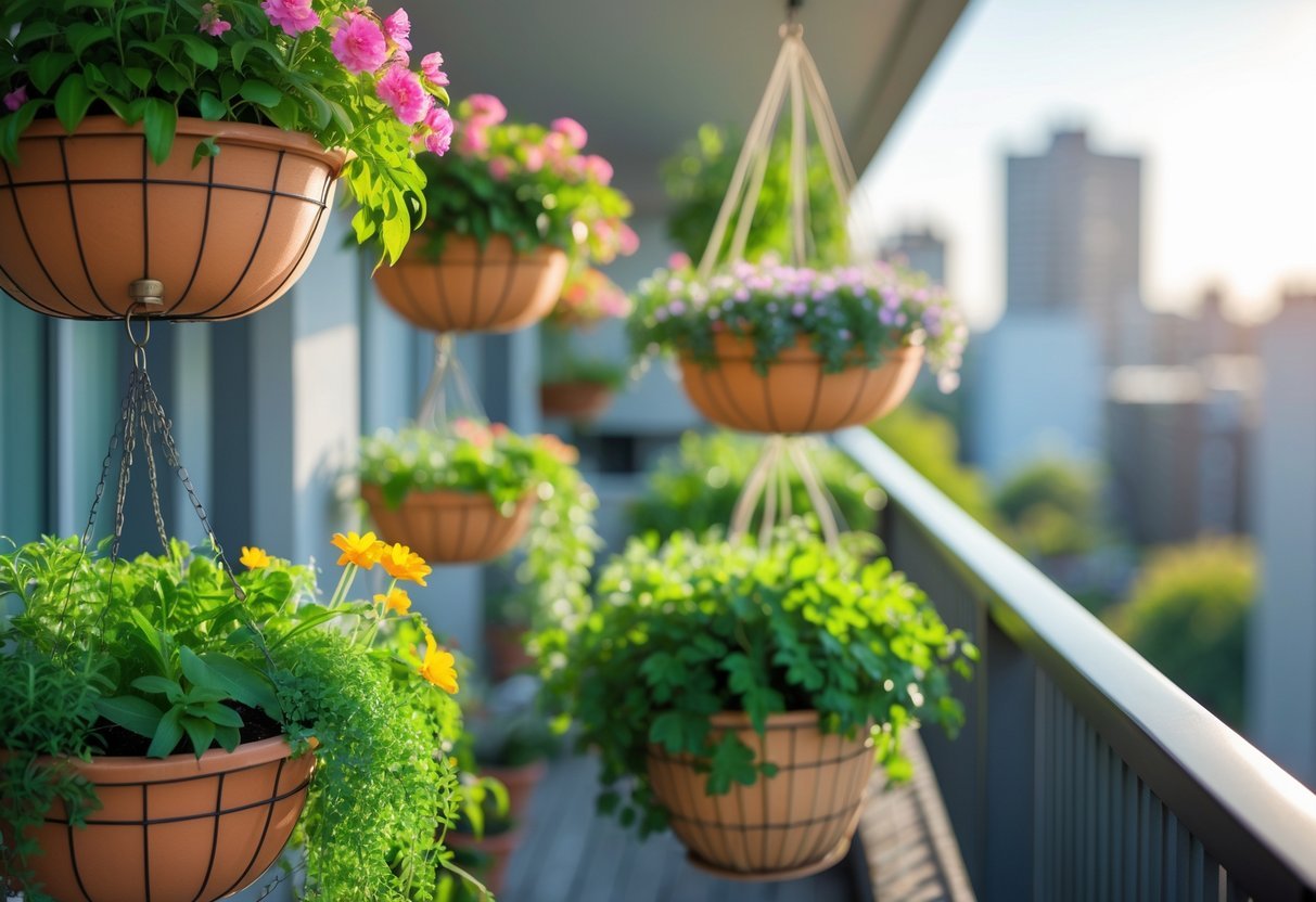 28+ Balcony Garden Ideas: Practical Tips for Small Urban Spaces 4 A balcony garden with several hanging baskets filled with colorful flowers and green plants, overlooking a cityscape.