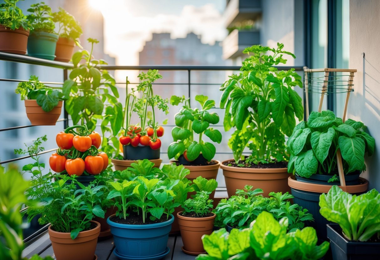 28+ Balcony Garden Ideas: Practical Tips for Small Urban Spaces 5 A balcony with various vegetable plants growing in containers, including tomatoes, peppers, and lettuce, in an urban setting.