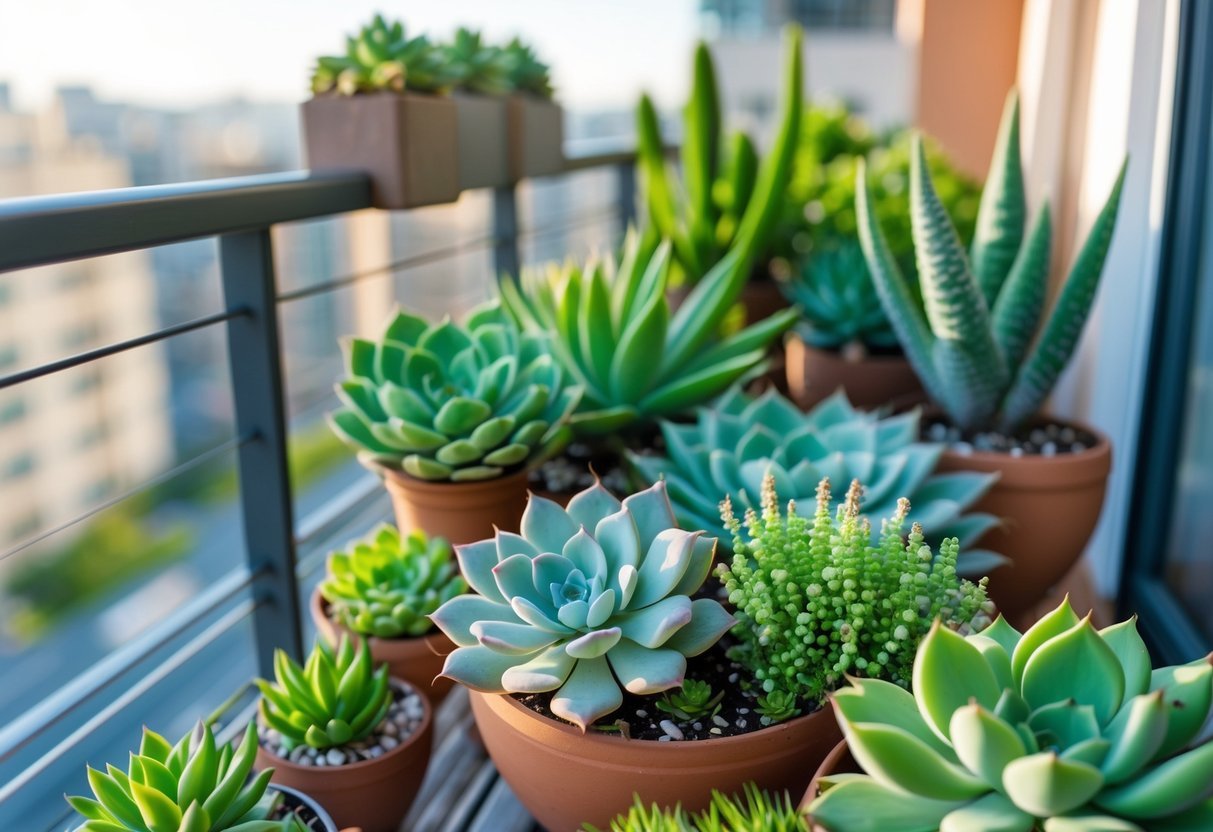28+ Balcony Garden Ideas: Practical Tips for Small Urban Spaces 6 A balcony garden filled with various succulent plants in pots, bathed in sunlight with a cityscape in the background.