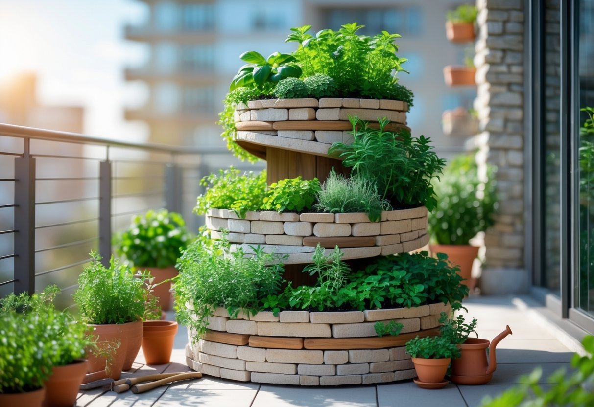 28+ Balcony Garden Ideas: Practical Tips for Small Urban Spaces 7 A balcony with a spiral herb garden featuring various green herbs growing in tiers surrounded by natural stone and wooden elements.