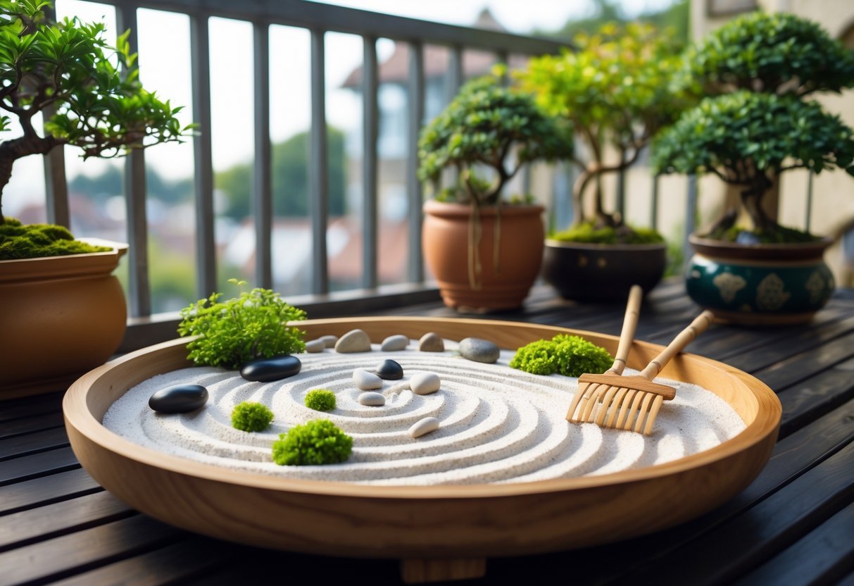 28+ Balcony Garden Ideas: Practical Tips for Small Urban Spaces 8 A miniature Zen garden on a balcony with white sand, stones, moss, and small plants arranged in a wooden tray.