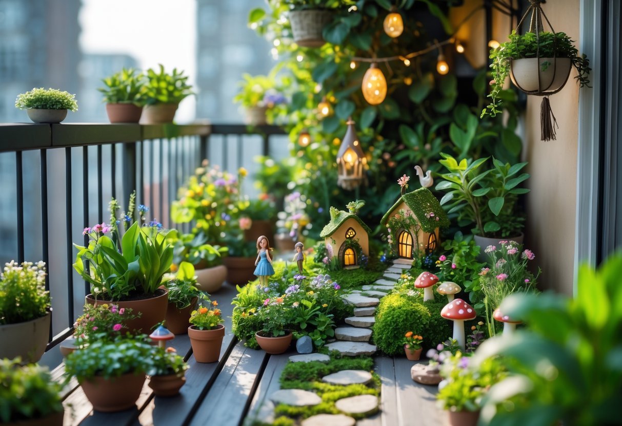 28+ Balcony Garden Ideas: Practical Tips for Small Urban Spaces 9 A balcony decorated with a miniature fairy garden featuring small plants, fairy houses, figurines, and hanging plants.