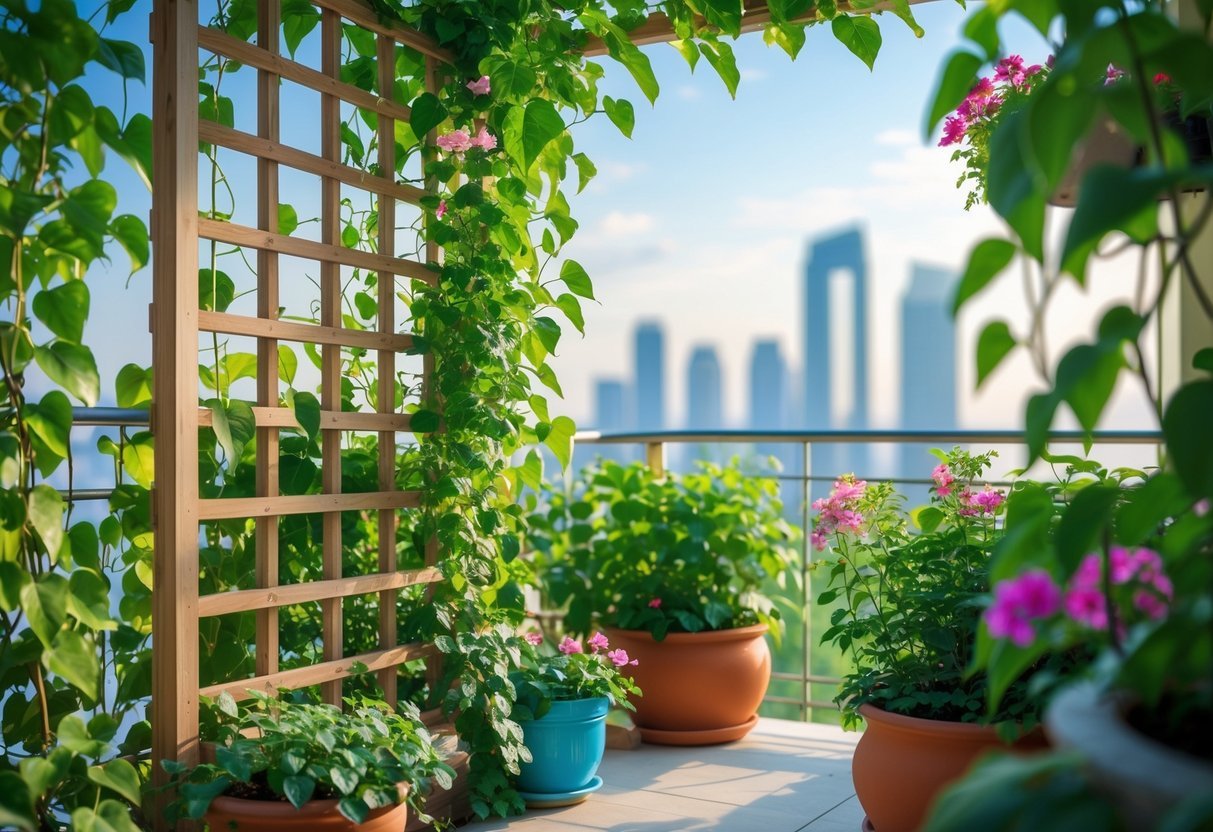 28+ Balcony Garden Ideas: Practical Tips for Small Urban Spaces 10 Balcony with a wooden trellis covered in climbing plants and flowers, surrounded by potted plants.