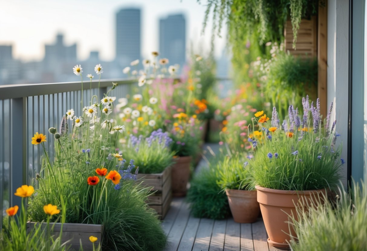 28+ Balcony Garden Ideas: Practical Tips for Small Urban Spaces 11 A balcony filled with colorful wildflowers and green plants in pots and planters, overlooking a blurred city skyline.