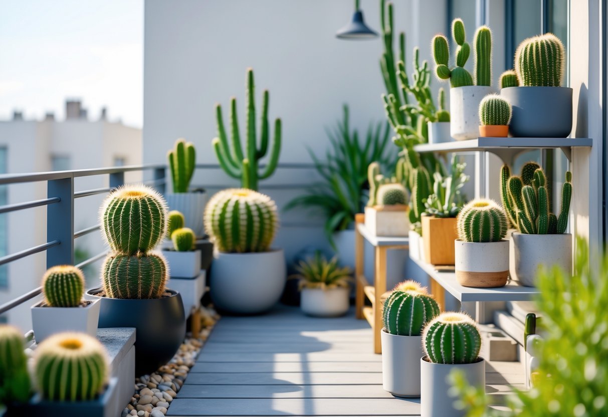 28+ Balcony Garden Ideas: Practical Tips for Small Urban Spaces 12 A balcony garden displaying a variety of potted cacti arranged on shelves and tables with sunlight and an urban background.