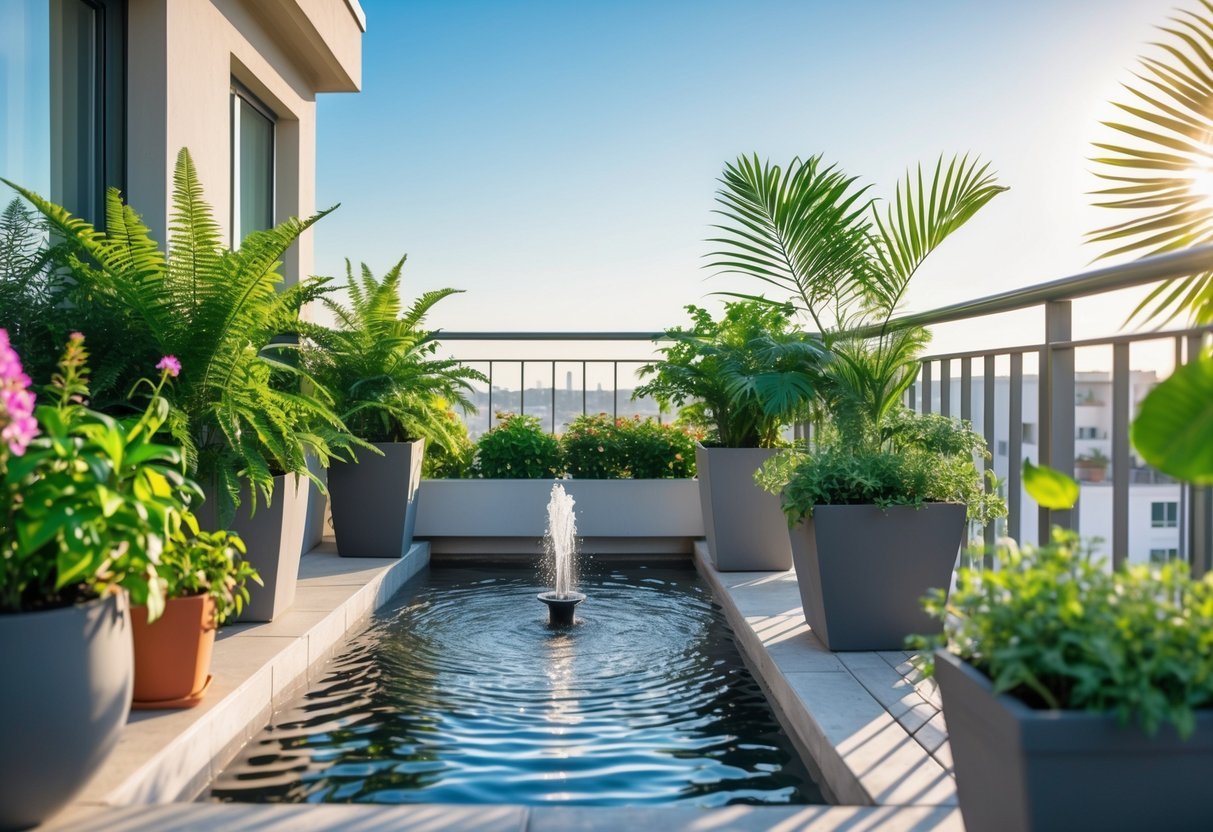 28+ Balcony Garden Ideas: Practical Tips for Small Urban Spaces 13 A balcony garden with a modern water fountain surrounded by green plants and flowers under natural sunlight.