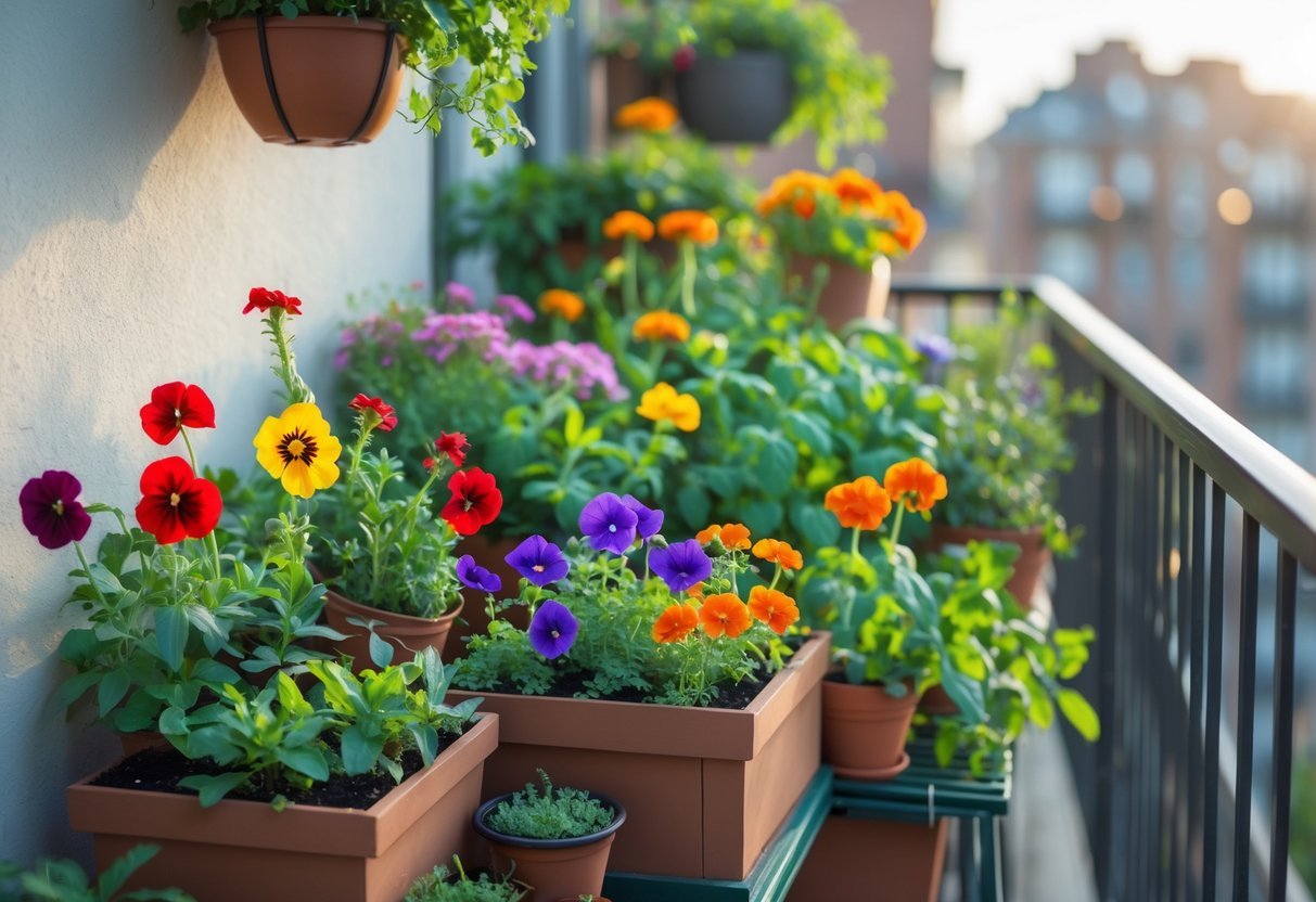 28+ Balcony Garden Ideas: Practical Tips for Small Urban Spaces 14 A balcony garden filled with colorful edible flowers and herbs in pots and hanging baskets, with a blurred city background.