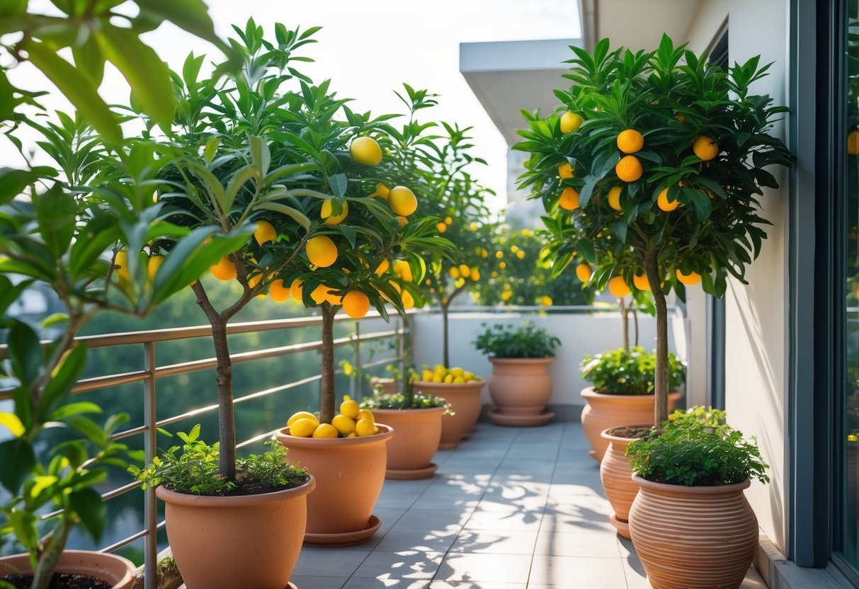 28+ Balcony Garden Ideas: Practical Tips for Small Urban Spaces 15 A balcony garden with several potted citrus trees bearing ripe lemons and oranges.