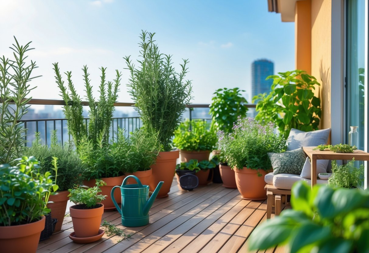 28+ Balcony Garden Ideas: Practical Tips for Small Urban Spaces 16 A balcony garden filled with various aromatic plants in pots, a small seating area, and gardening tools under natural sunlight.