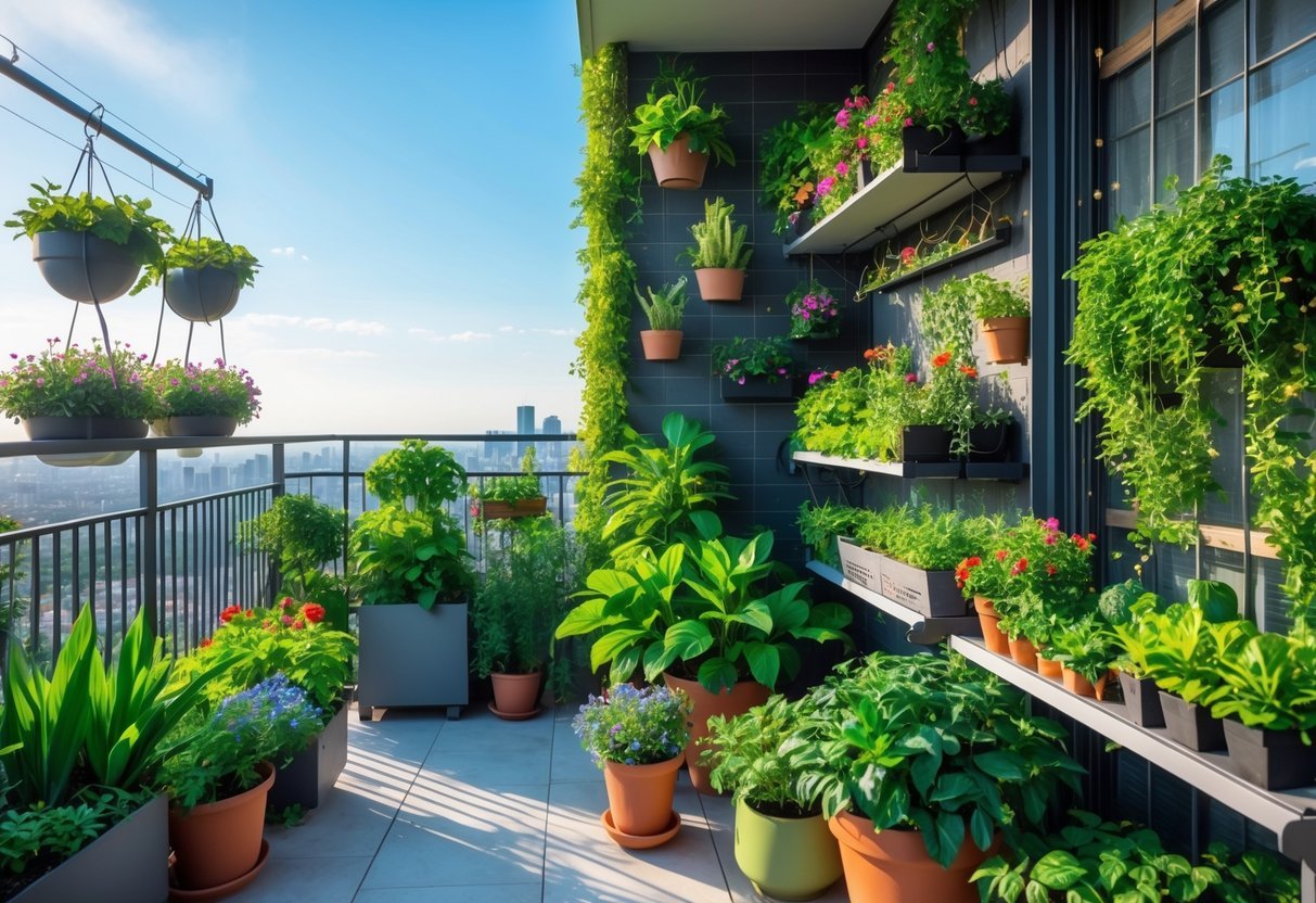 28+ Balcony Garden Ideas: Practical Tips for Small Urban Spaces 17 A balcony filled with various green plants and flowers arranged in pots and hanging planters, creating a small greenhouse garden with city buildings in the background.