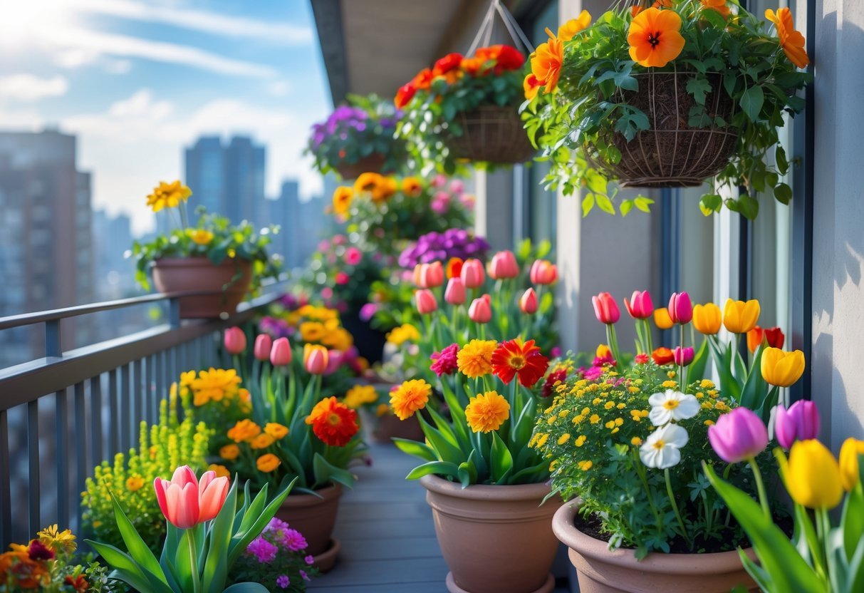28+ Balcony Garden Ideas: Practical Tips for Small Urban Spaces 18 A balcony garden filled with a variety of colorful blooming flowers in pots and hanging baskets under natural sunlight.