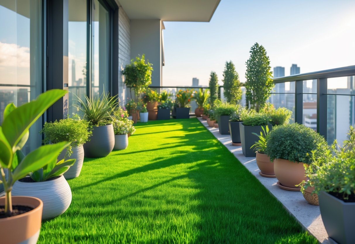 28+ Balcony Garden Ideas: Practical Tips for Small Urban Spaces 19 A balcony with green grass turf flooring, potted plants along the railing, and a city skyline in the background.