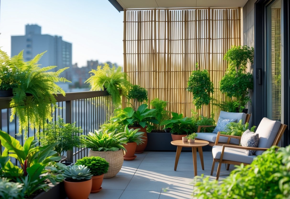 28+ Balcony Garden Ideas: Practical Tips for Small Urban Spaces 20 A balcony garden with a bamboo privacy screen, green plants in pots, and outdoor furniture under natural light.