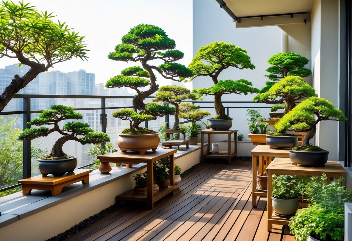 28+ Balcony Garden Ideas: Practical Tips for Small Urban Spaces 21 A balcony garden with a variety of bonsai trees arranged on shelves and tables, surrounded by plants and sunlight.