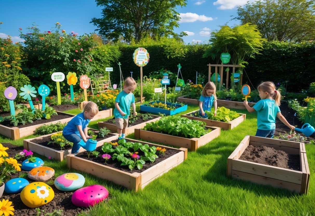 21+ Kid Friendly Garden Ideas: Easy and Fun Projects to Engage Kids in the US 2 Children gardening in a colorful outdoor garden with flowers, vegetables, and playful decorations on a sunny day.