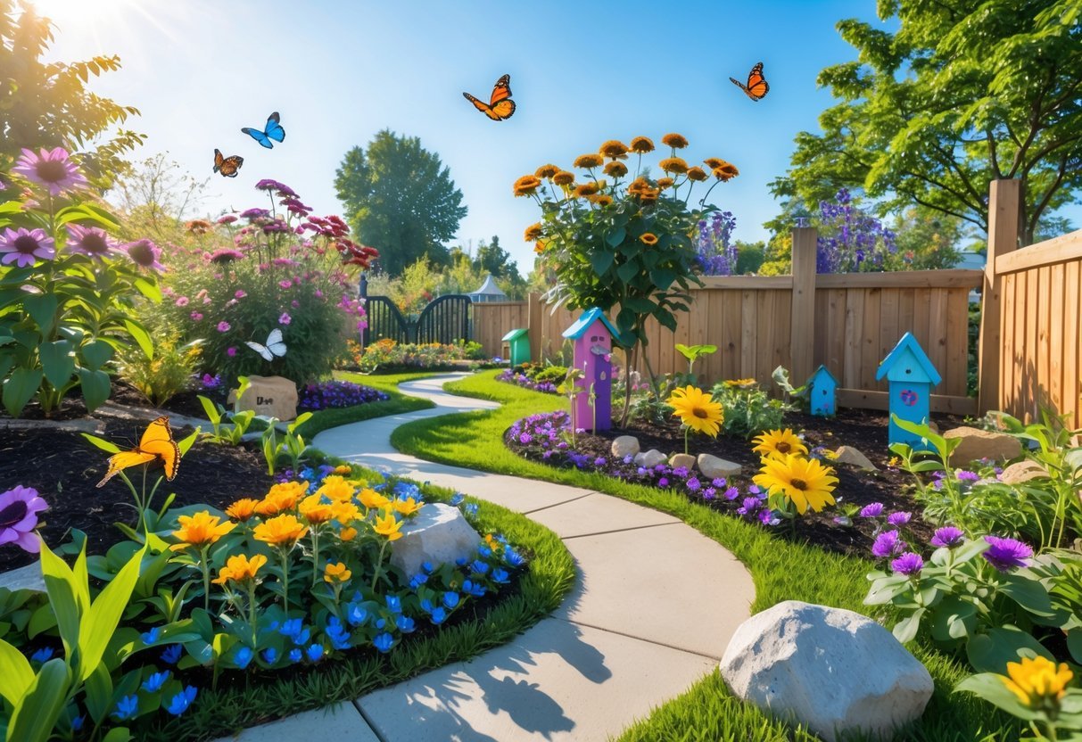 21+ Kid Friendly Garden Ideas: Easy and Fun Projects to Engage Kids in the US 3 A colorful butterfly garden with blooming flowers and butterflies fluttering around, designed with child-friendly paths and decorations.
