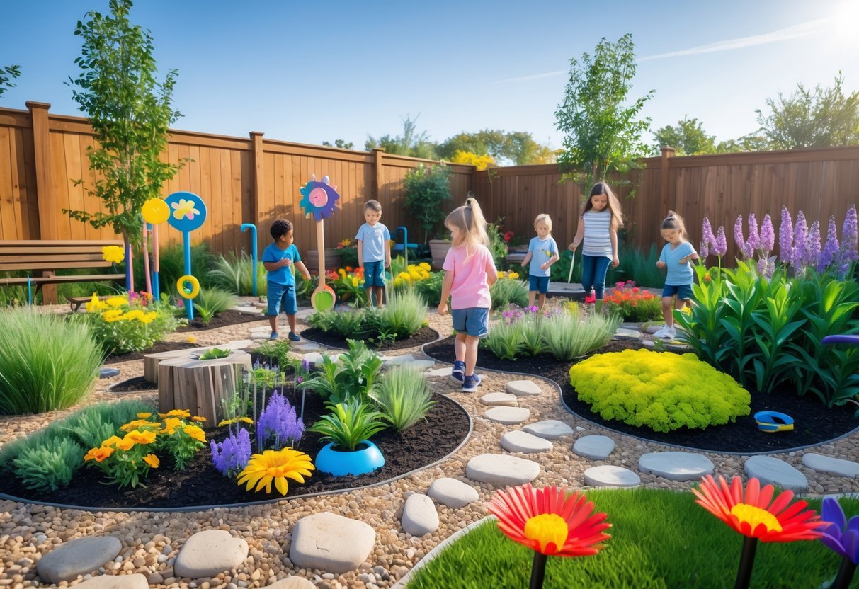 21+ Kid Friendly Garden Ideas: Easy and Fun Projects to Engage Kids in the US 4 Children exploring a colorful sensory garden with various plants, flowers, and tactile pathways on a sunny day.