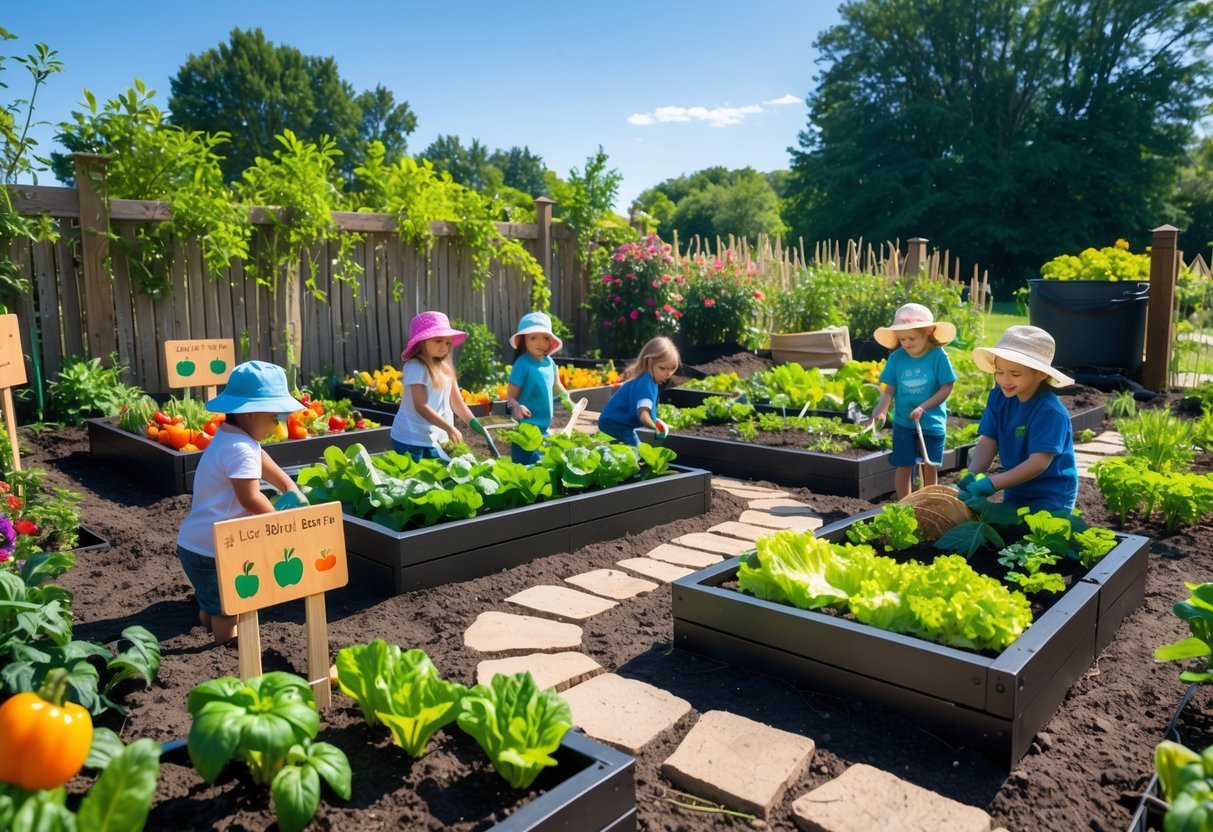 21+ Kid Friendly Garden Ideas: Easy and Fun Projects to Engage Kids in the US 5 Children gardening and harvesting vegetables in a colorful, kid-friendly vegetable garden with raised beds and playful garden elements.