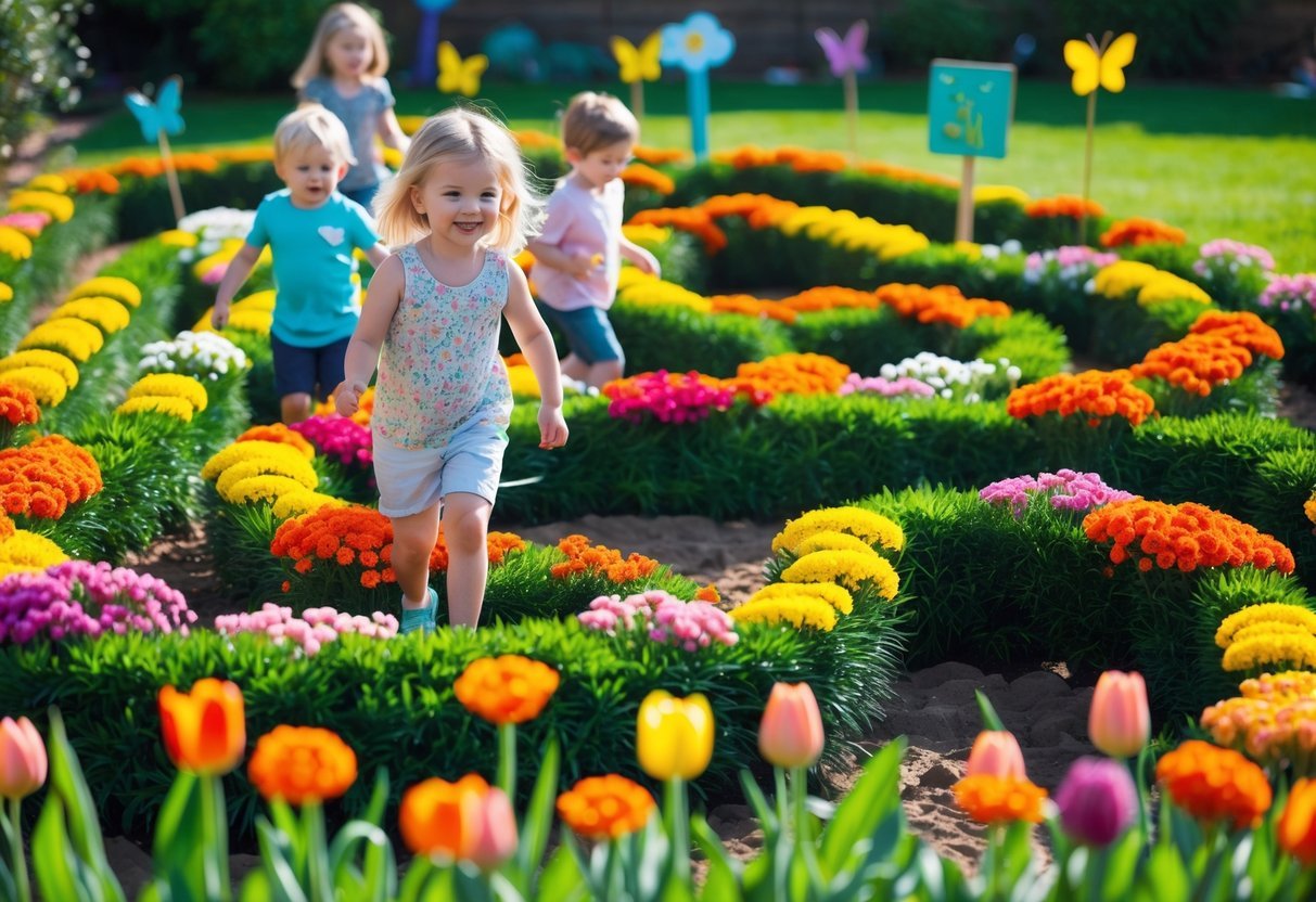 21+ Kid Friendly Garden Ideas: Easy and Fun Projects to Engage Kids in the US 6 Children playing and walking through a colorful flower maze in a sunny garden.