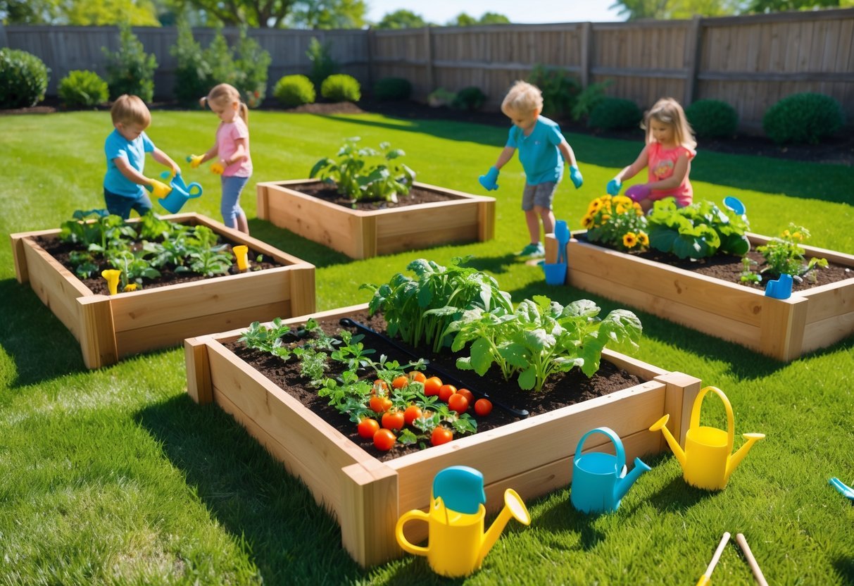 21+ Kid Friendly Garden Ideas: Easy and Fun Projects to Engage Kids in the US 8 Children gardening in raised wooden beds filled with vegetables and flowers on a sunny day.