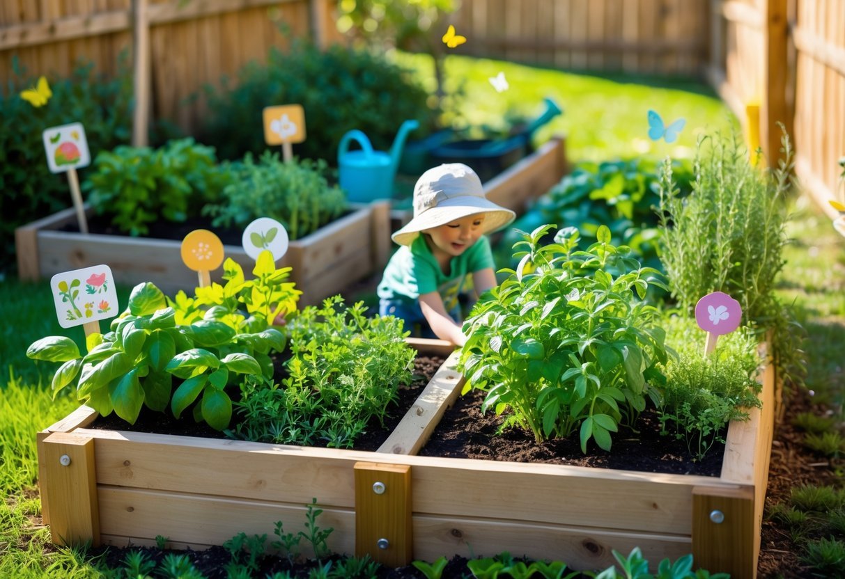 21+ Kid Friendly Garden Ideas: Easy and Fun Projects to Engage Kids in the US 9 A child tending to a raised herb garden outdoors with various fresh herbs and colorful gardening tools nearby.