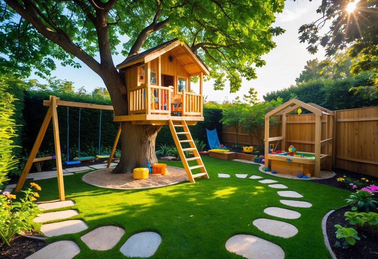 21+ Kid Friendly Garden Ideas: Easy and Fun Projects to Engage Kids in the US 10 A backyard garden with a wooden treehouse and a small fort surrounded by green grass, flowers, a sandbox, and a swing.