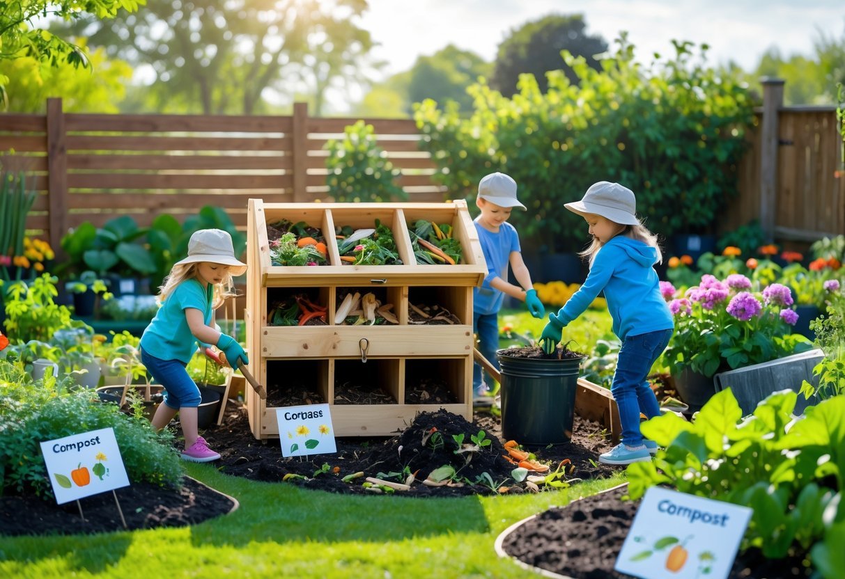 21+ Kid Friendly Garden Ideas: Easy and Fun Projects to Engage Kids in the US 11 Children adding scraps to a wooden compost bin in a colorful garden surrounded by plants and flowers.